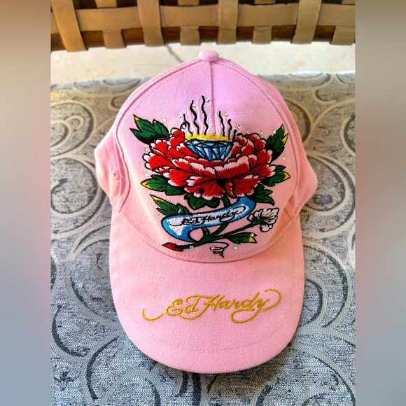 Ed Hardy Vtg Tattoo Baseball Hat Pink Flowers Diamond Embroidered Women Y2K - Picture 1 of 4